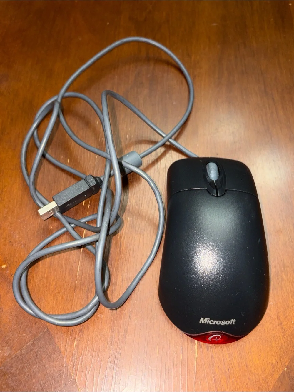 Microsoft Black USB Wired Mouse/PS2 compatible with Gray Cable and Red Accent
